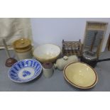 Collection of vintage kitchenalia to include a mixing bowl, washboard, egg stands, pots, plunger,