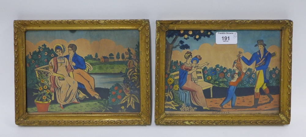 Happiness & Persuasion, a pair of coloured prints in glazed frames, 24 x 19cm (2)