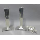 Pair of Portuguese Esthano white metal candlesticks, 23cm, and a small pewter quaich, (3)