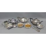 Carton containing a quantity of Epns wares to include teasets, wine slides, tongs, pewter tankard,