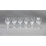 Set of six wine glasses, five with etched bird pattern the other commemorating the marriage of