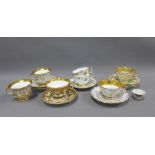 Collection of Dresden moulded and heavy gilded cups and saucers, most with blue crossed sword