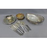 White metal swing handled basket, Epns tray, flatware, sugar bowl and a silver mounted wooden