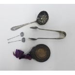 Mixed lot to include a Victorian silver Edinburgh Collegiate School medallion, Epns sifter spoon,