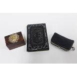 Small Art Nouveau rosewood box 5cm, a DRGM sovereign purse and a pique work card case (3)
