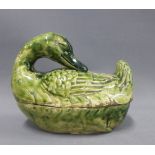 Green glazed duck pottery tureen, 18cm long