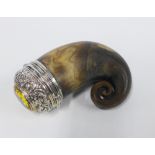 Scottish curly horn snuff mull with white metal mounts, the hinged lid inset with a citrine coloured