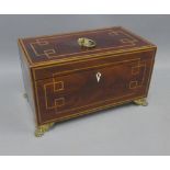 Mahogany and boxwood inlaid box with a rectangular hinged lid and lion mask ring handle, void