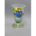 Green ale glass with enamelled crest and inscribed Anno 1667, 13cm