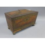 19th century rosewood and brass inlaid tea caddy of sarcophagus form, the hinged lid opening to