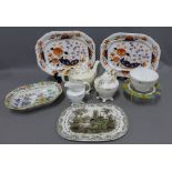 A pair of Imari pattern English serving dishes, a Staffordshire pottery drainer, English part