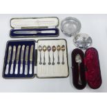 Set of six white metal coffee spoons and cased flatware to include a set of six mother of pearl