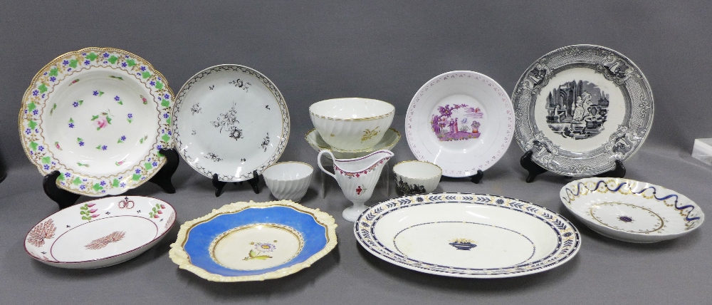 Collection of 18th and 19th century porcelain and pottery saucers, plates, teabowls and cream jug to