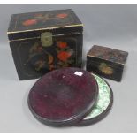 Japanese lacquered coal box and similar tea caddy, hors d-oeuvres set, largest 35 x 28cm (3)