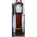 19th century mahogany longcase clock, swan neck hood with a painted dial with subsidiary dials and