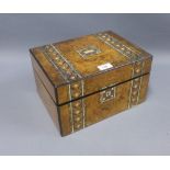 Victorian inlaid walnut box with mother of pearl, rectangular hinged lid lifting to reveal a