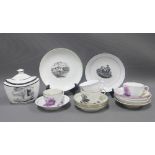 Collection of English porcelain bat printed table wares to include cups, saucers, sucrier and