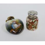 Two scent bottles to include a porcelain heart shaped bottle, painted with figures and a small