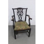 Georgian mahogany open armchair with Chippendale style interlaced splat back, serpentine arms,