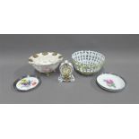 Herend porcelain basket, 15cm, continental porcelain bowl, two continental porcelain trinket