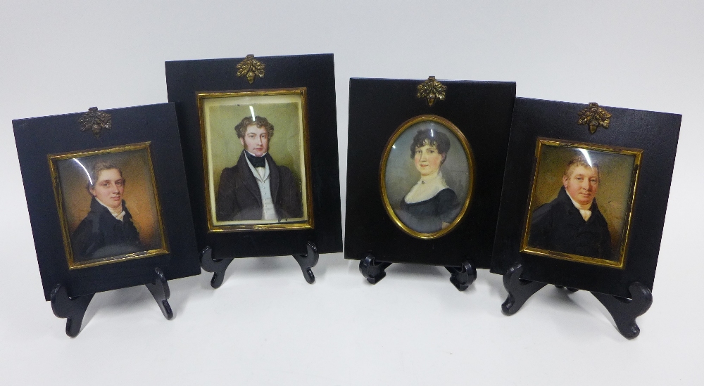 Four 19th century portrait miniatures, painted on ivory, to include Alexander Cunningham by