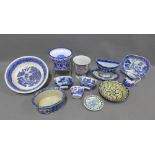 Collection of blue and white pottery and porcelain to include two Chinese tea bowls and