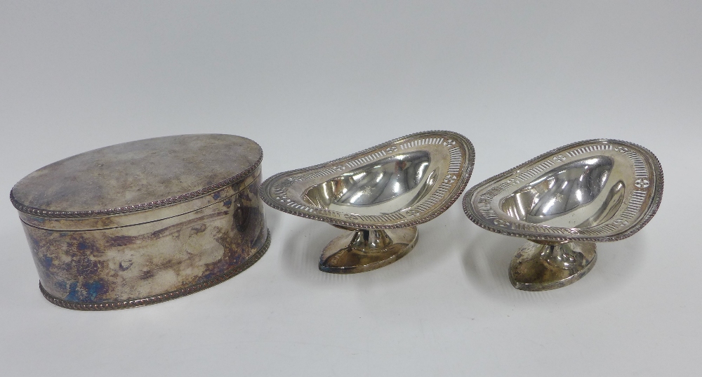 Pair of 19th century Epns sweetmeat baskets and a silver plated oval box with a hinged lid, 17cm