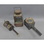 19th century carriage lamp, copper lantern and a Salters tole ware item, etc (3)