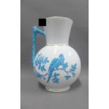Victorian aesthetic jug, white glazed with blue handle and bird pattern, 30cm