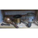 Bronze mortar, copper scoop, glass light fitting, etc (5)