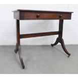 19th century mahogany sofa table with a single frieze drawer with bun handles and one dummy drawer,