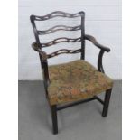 19th century mahogany open armchair, ribbon backed with an upholstered stuff over seat, square