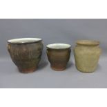 Three stone ware pots, two brown glazed the other unglazed, 25cm (3)
