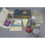 A mixed lot to include a Victorian carte de visite album with cards, miniature flags and embroidered