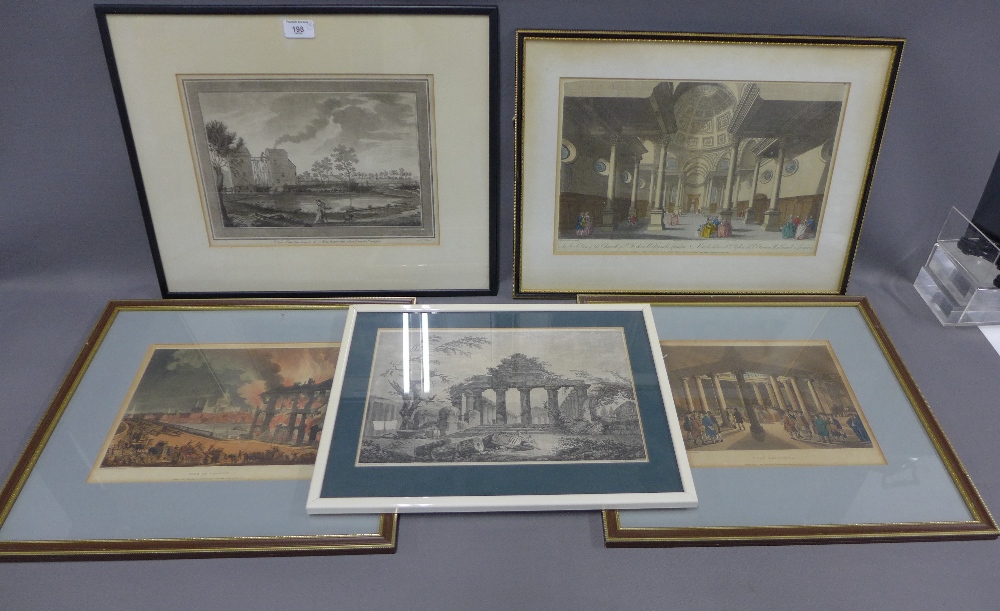 A collection of framed prints to include Coal Exchange, Fire in London, Inside View of the Church of