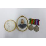 WWII Defence and War medals and two portrait miniatures within gilt metal frames, largest 11 x