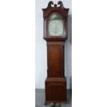 Oak longcase clock, swan neck hood over a Mawkes of Derby painted dial with Roman numerals,