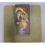 Section of a wooden painted icon, 30 x 14cm, mounted on a hessian covered backboard