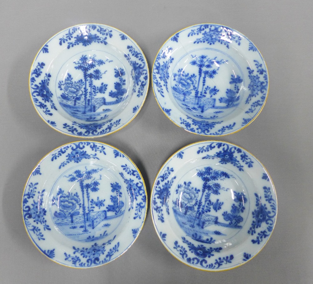 Collection of tin glazed blue and white pottery to include a set of four bowls and three various - Image 4 of 4