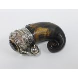 Scottish curly horn snuff mull with white metal mounts and a vacant shield cartouche, the ball