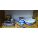 Collection of vintage kitchenalia to include Cornish Ware, rolling pin, The Ideal Cream Maker,