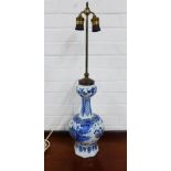 Delft blue and white garlic neck table lap base with two fittings for bulbs, 74cm