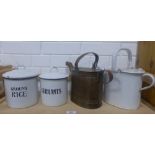 Ground Rice & Currants, two vintage white enamel storage jars and covers, a copper watering can