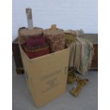 Box containing three rolls of fabric, a vintage wall hanging and braiding (a lot)
