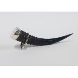 Horn snuff / pepper mull with pierced white metal end and mounts, 13cm long