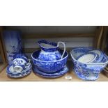 Collection of Staffordshire blue and white pottery to include Wedgwood Ferrara jug and bowl, etc (