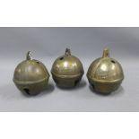 Three Dubois bronze crotal bells, 15cm, (3)