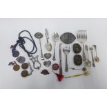 Coronation medallions, Epns flatware, white metal buckles, etc (a lot)