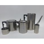 Stelton Cylinda stainless steel tea and coffee set, originally designed by Arne Jacobsen, comprising
