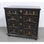 Oak Jacobean type chest, rectangular moulded edge top over two short and three long drawers with